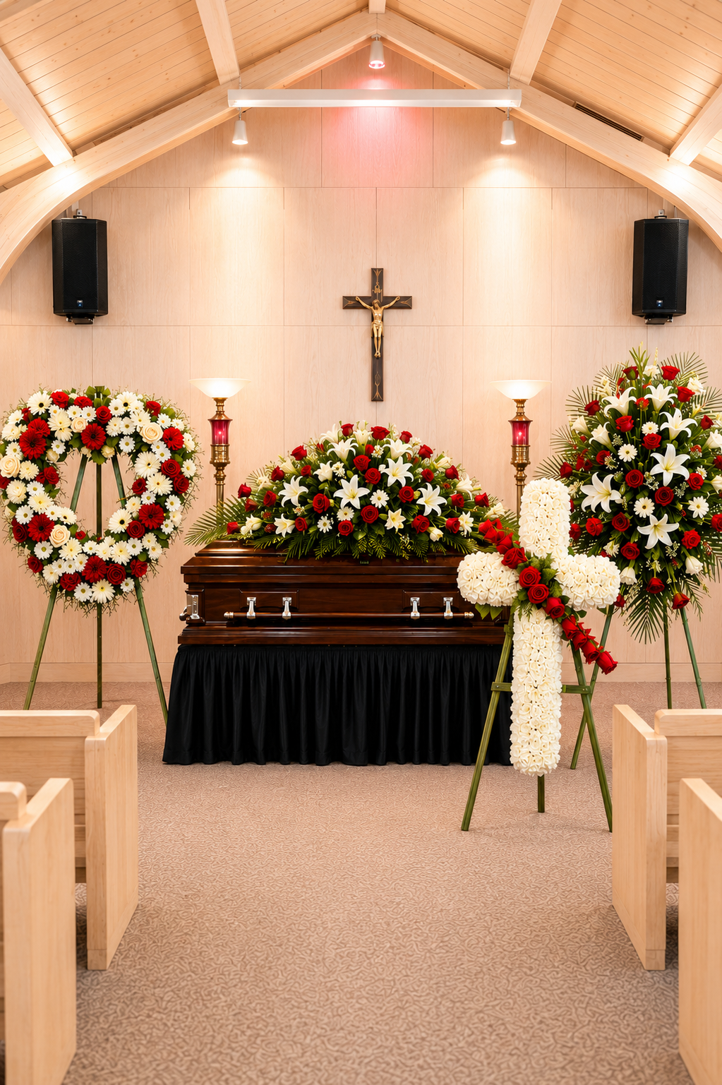 Funeral setup with casket, flowers, and cross in a chapel.