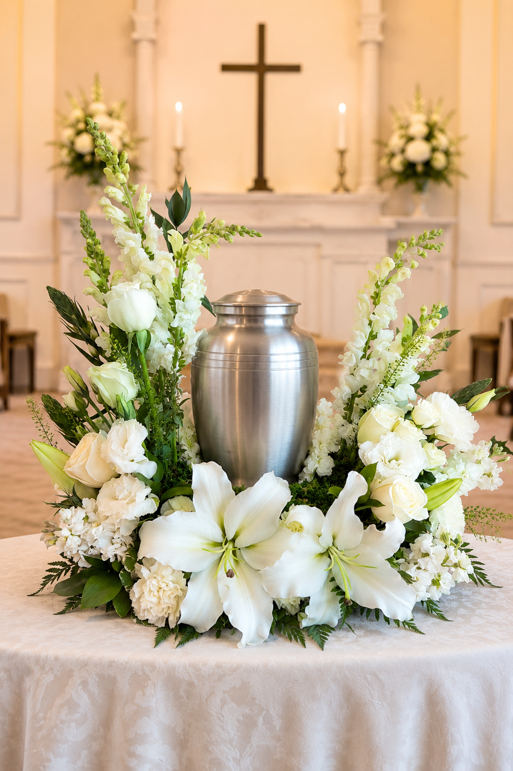 Peaceful Remembrance Urn Arrangement featuring white lilies, roses, carnations, and snapdragons surrounding a silver cremation urn by Redwood City Florist.