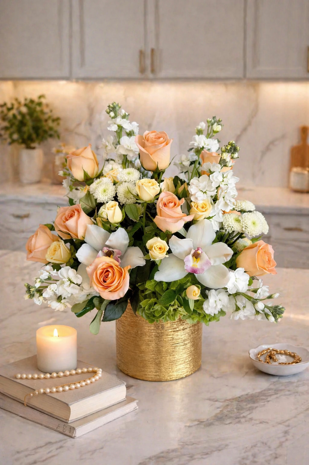 Peach rose and orchid arrangement for Mother’s Day delivery in Redwood City and San Mateo California
