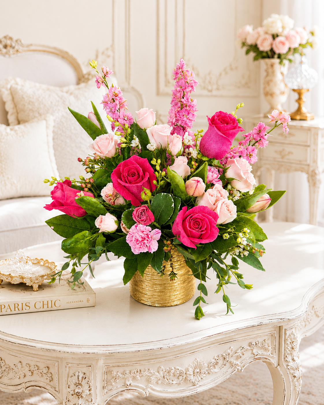 Bouquet of pink and white flowers in a gold vase on an ornate table.