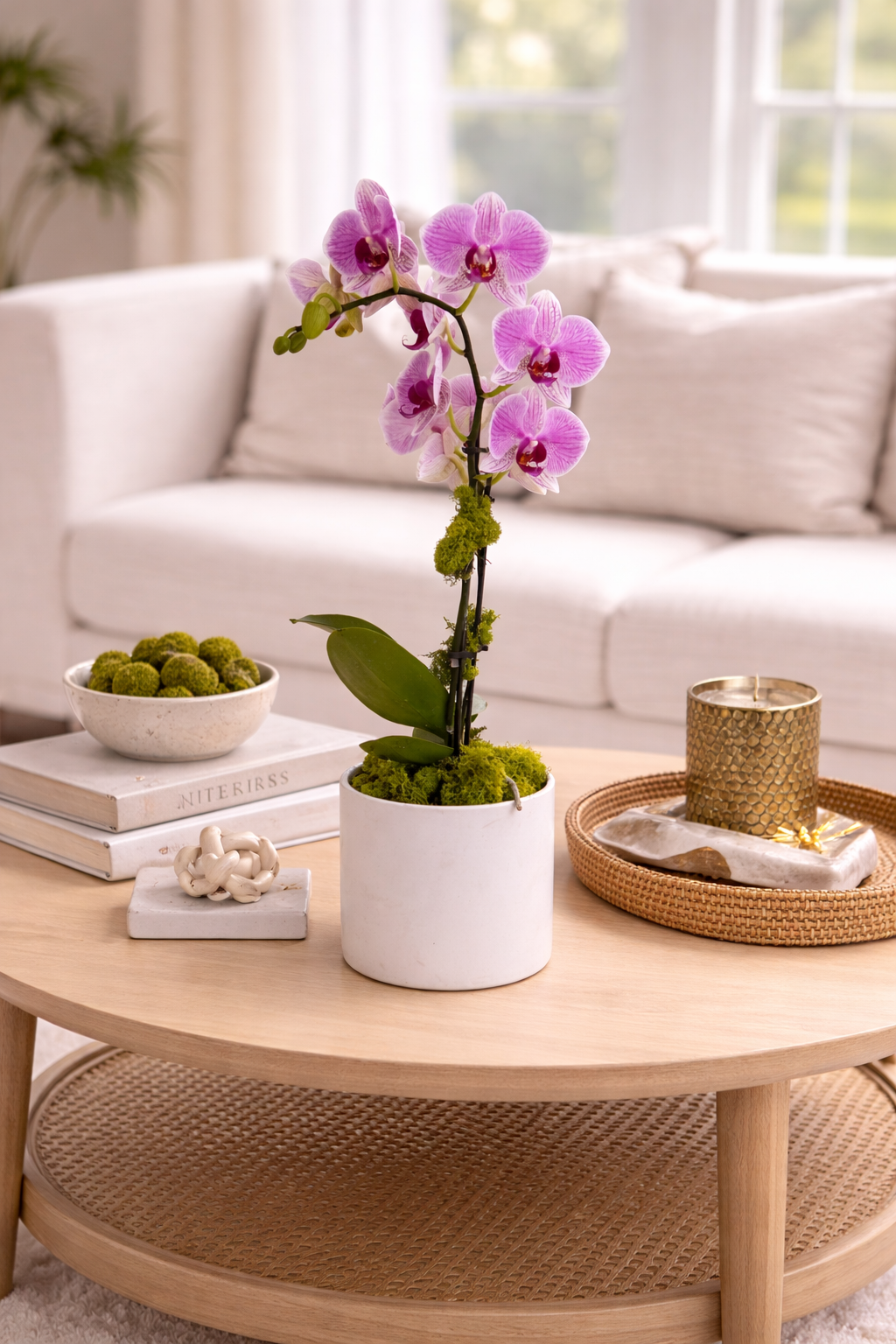 Living room with a round wooden coffee table featuring a potted orchid, books, and decorative items.