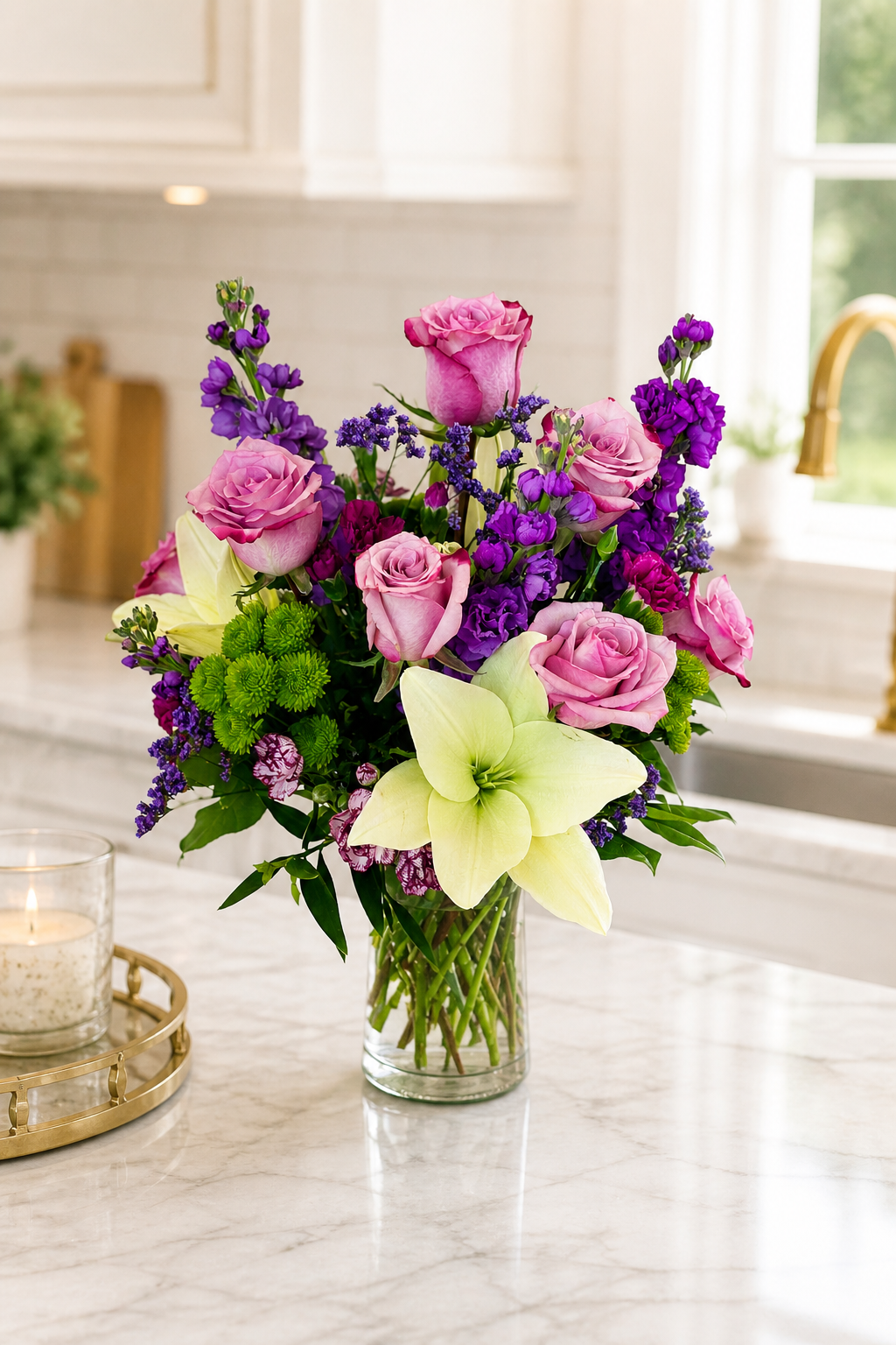 Bouquet of flowers in a vase on a kitchen counter
