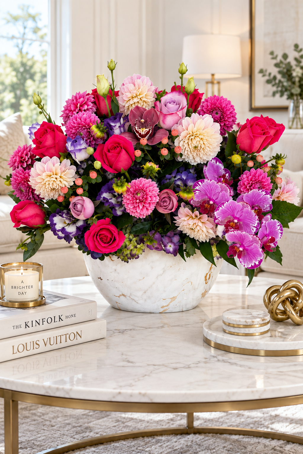 A large, vibrant floral arrangement in a white marble bowl with gold veining, displayed on a marble coffee table in a bright, modern living room. The bouquet features a rich mix of pink, purple, red, and white flowers, including roses, dahlias, and orchids, with green foliage.
