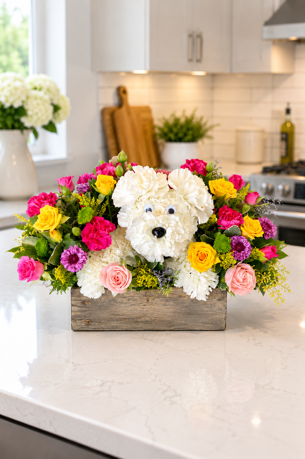 Floral arrangement shaped like a dog on a kitchen counter