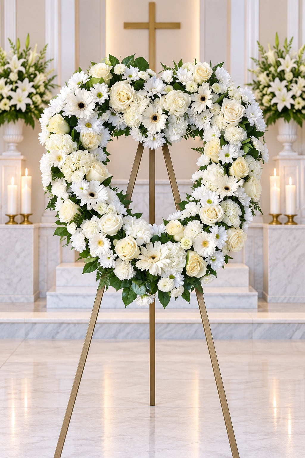Heart-shaped floral wreath in a gold stand, featuring white roses, daisies, and green foliage, displayed in a bright, modern chapel setting.