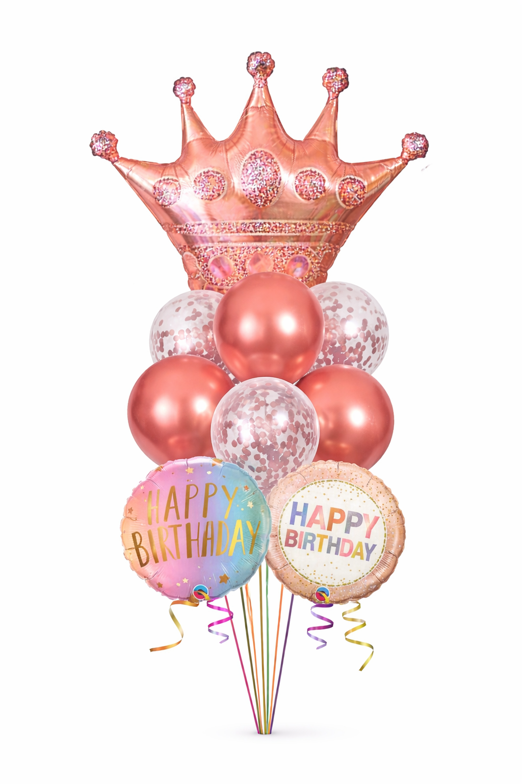 Rose gold birthday balloon bouquet with a crown-shaped balloon on a white background
