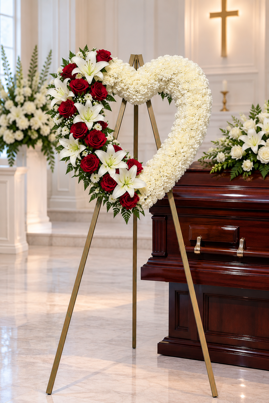 A heart-shaped floral wreath with red roses, white lilies, and white hydrangeas displayed on a gold metal stand in a church setting next to a dark wooden casket.