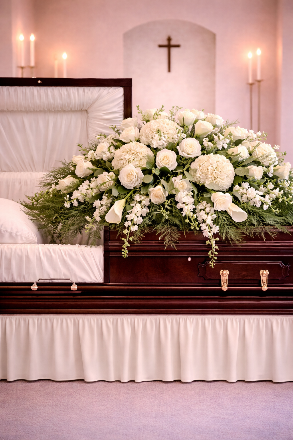 Casket with white floral arrangement and candles in a funeral setting