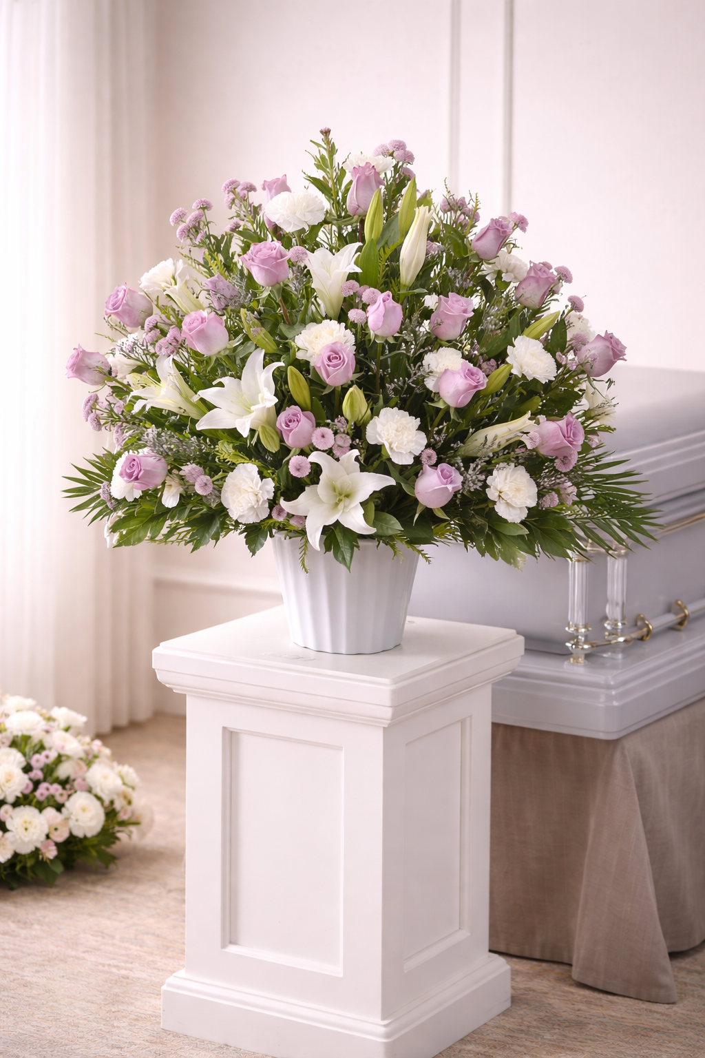 Floral arrangement in a silver pot on a white pedestal in a funeral setting.