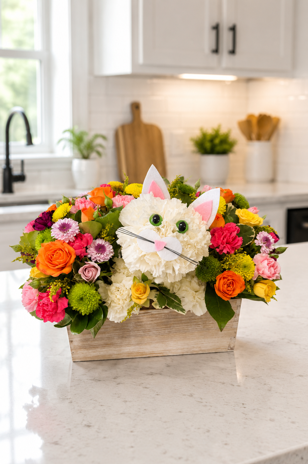 Floral arrangement shaped like a cat on a kitchen counter